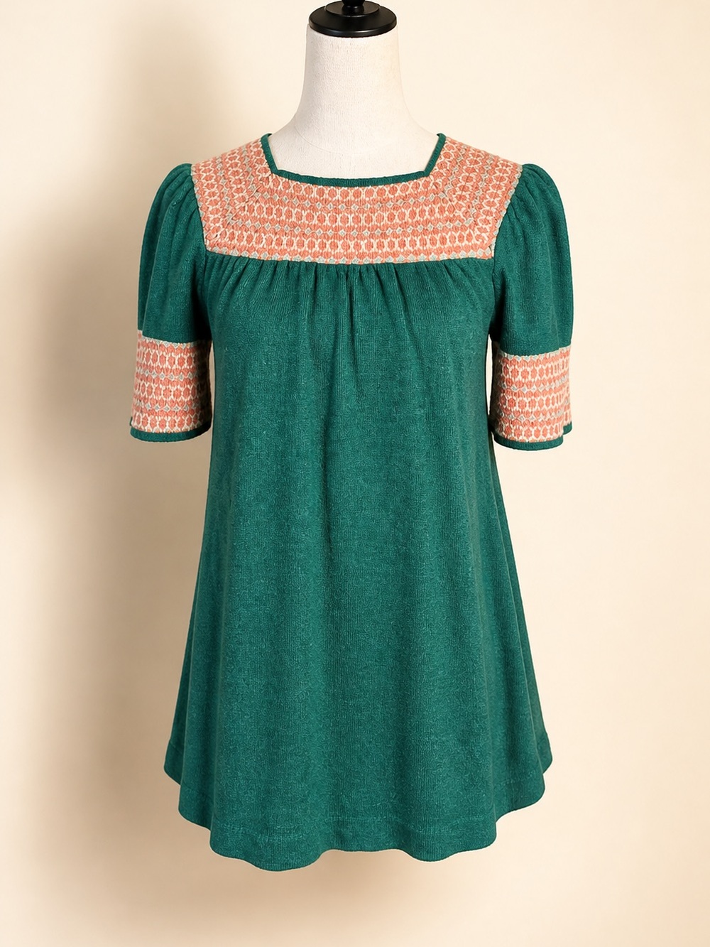 Vintage 70s Sally Gee Smocked Knit Babydoll Mini Dress Tunic Green Boho Mod